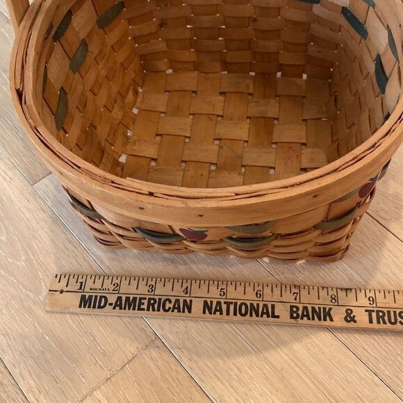 Vintage Basket Woven Wood Slat Hinged Handle Apple Design Green Accent 8.5x10” - Picture 12 of 16